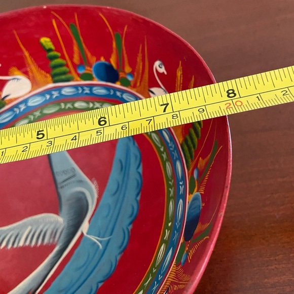Mexican Red Bowl Multi Color Hand Painted Flowers Swan Bird Folk Art Decor Wood - Picture 9 of 9